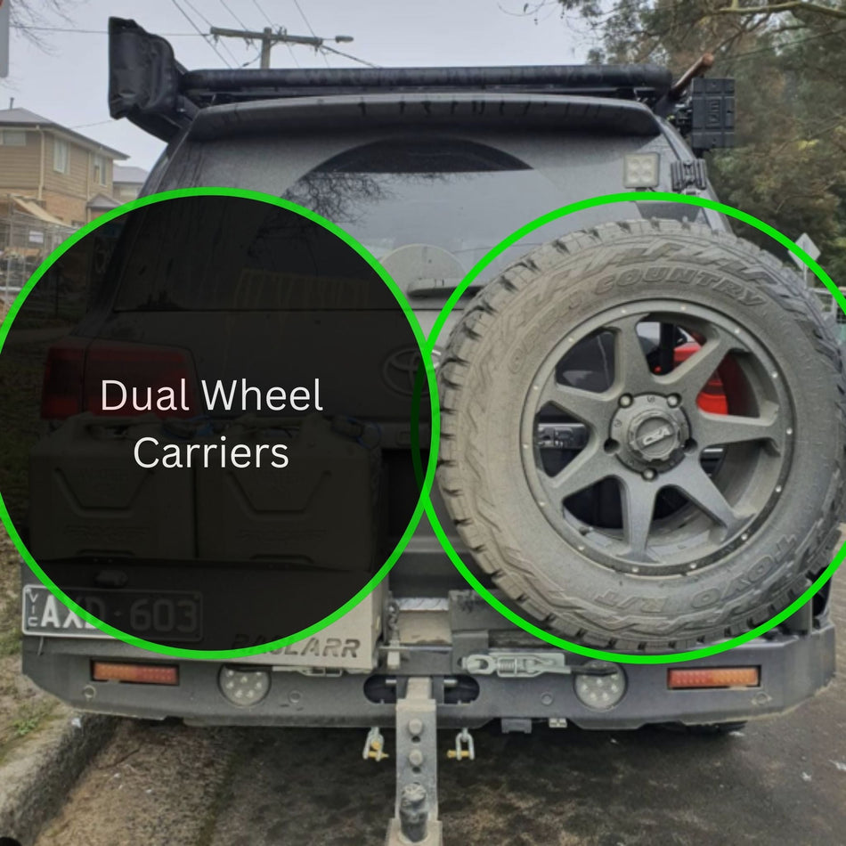 200 Series Toyota Landcruiser Rear Bar and Rear Wheel Carrier. Made in Australia by Raslarr Engineering. TJM ARB Kaymar. Dual Wheel Carriers