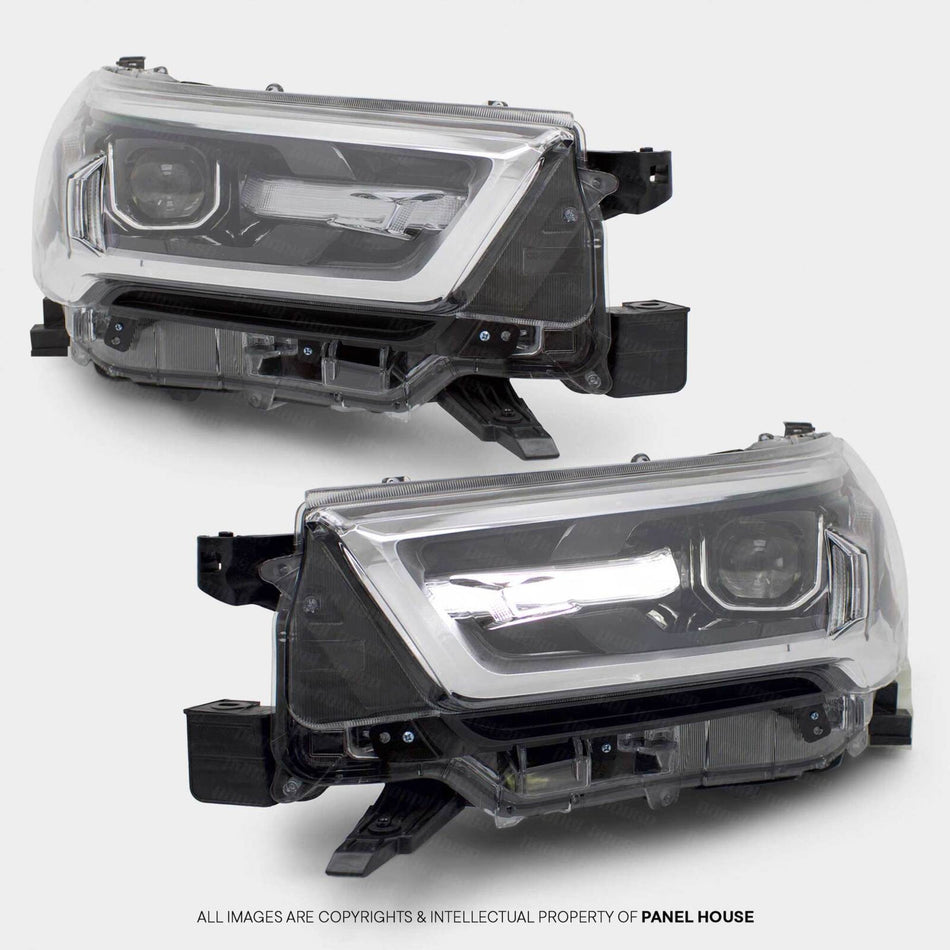 Headlights PAIR LED Black & Chrome fits Toyota Hilux N80 06/2020 - 2024