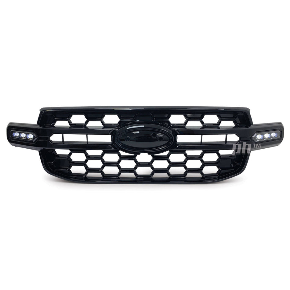Grill Gloss BLACK With SPOT LIGHT DRL Wildtrak X Style Fits Ford Ranger Next Gen T9 2022-