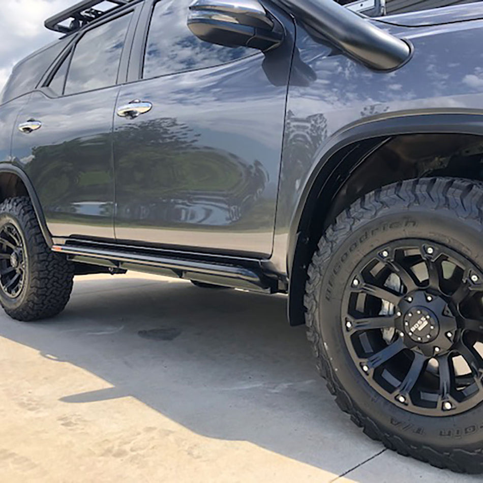 Toyota Fortuner ANGLED Rock Sliders / Side Steps - P/C Ally Checkerplate Tread