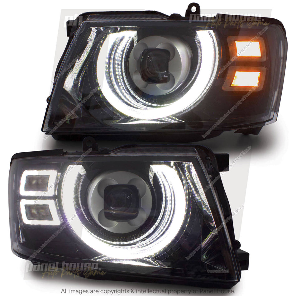 DEFEND-R DRL Full LED Black Projector Headlights PAIR fits Nissan Patrol GU 2004- 2016