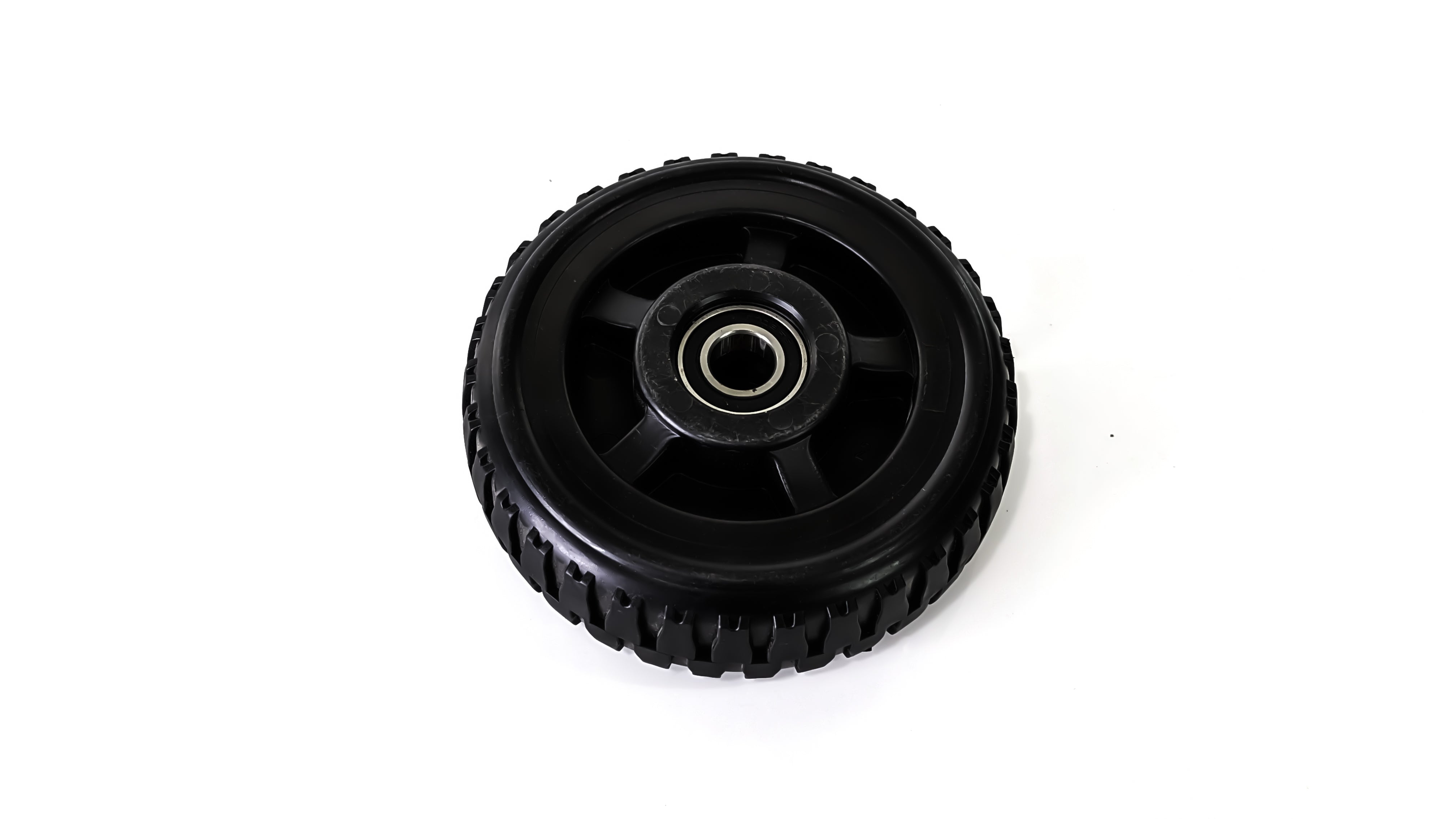 A black solid nylon construction replacement front wheel for a Titan Terrain rugged floor jack.