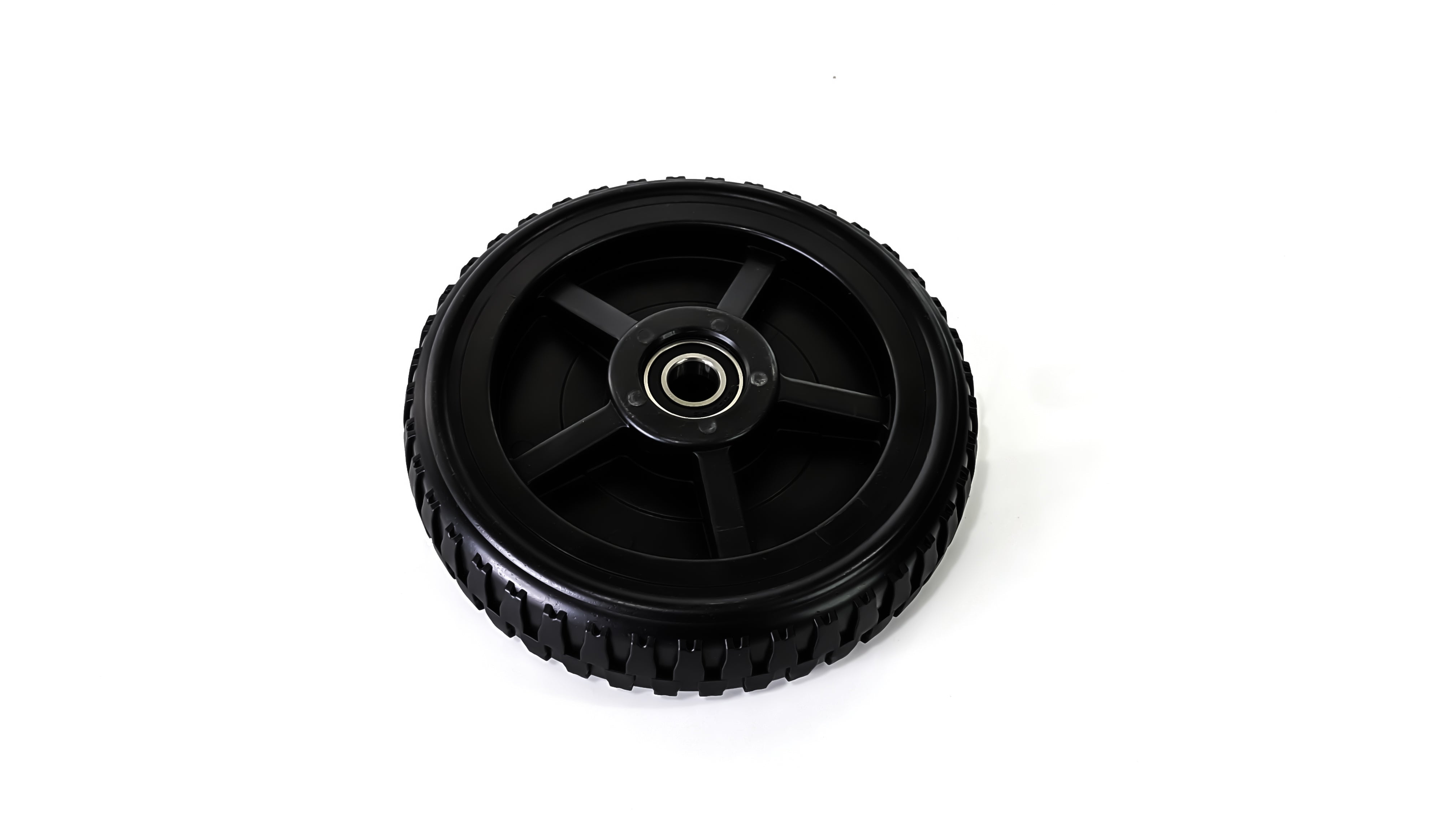 A black replacement rear wheel for the Titan Terrain rugged floor jack