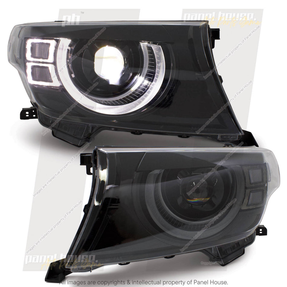 DEFEND-R DRL Full LED Black Projector Headlights PAIR fits Toyota Landcruiser 200 Series 2007 - 2015