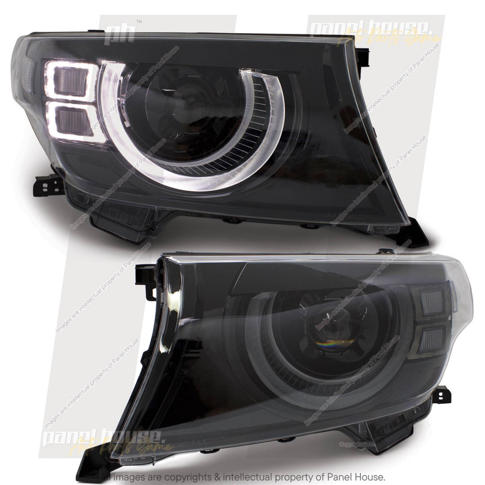 DEFEND-R DRL Full LED Black Projector Headlights PAIR fits Toyota Landcruiser 200 Series 2007 - 2015