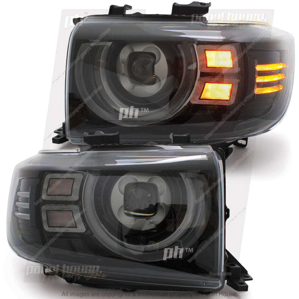 DEFEND-R DRL Full LED Black Projector Headlights PAIR fits Toyota Landcruiser 200 Series 2007 - 2015