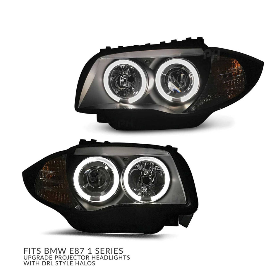 Headlights PAIR LED Black DRL Style Halo Upgrade fits BMW 1 Series E81 E82 E87