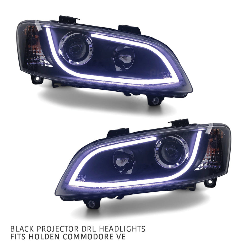 Black Headlights PAIR DRL Style Projector fits Holden Commodore VE 2006 - 2010