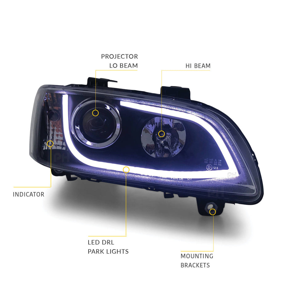 Black Headlights PAIR DRL Style Projector fits Holden Commodore VE 2006 - 2010