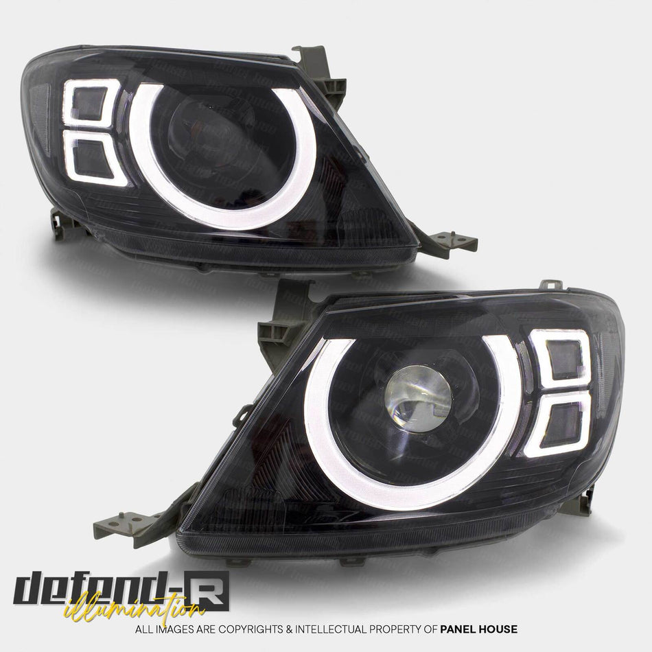 Panel House - DEFEND - R DRL Full LED Black Projector Headlights PAIR fits Toyota Hilux N70 2005 - 4/2011 - 4x4 Offroad Centre