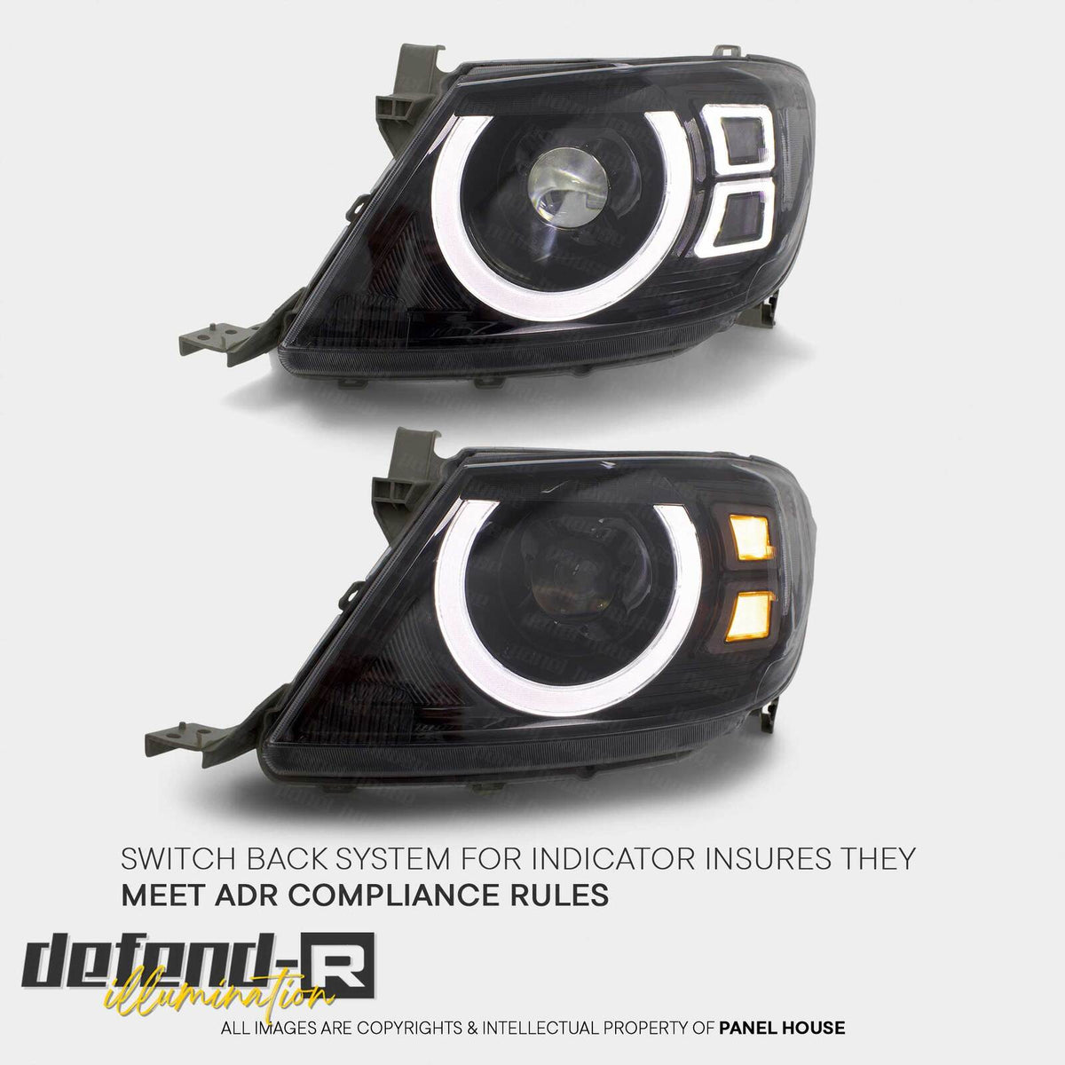 Panel House - DEFEND - R DRL Full LED Black Projector Headlights PAIR fits Toyota Hilux N70 2005 - 4/2011 - 4x4 Offroad Centre