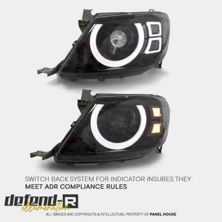 Panel House - DEFEND - R DRL Full LED Black Projector Headlights PAIR fits Toyota Hilux N70 2005 - 4/2011 - 4x4 Offroad Centre