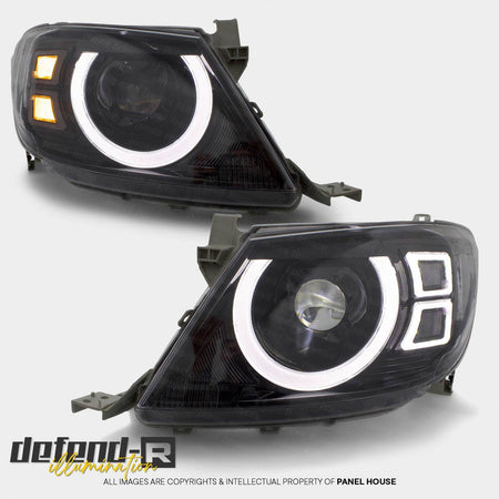 Panel House - DEFEND - R DRL Full LED Black Projector Headlights PAIR fits Toyota Hilux N70 2005 - 4/2011 - 4x4 Offroad Centre