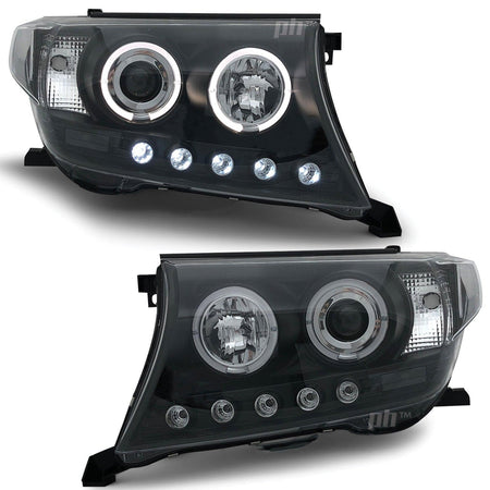 Panel House - Headlights Angel Eye LED Halo DRL Black fits Toyota Landcruiser 200 Series 07 - 15 - 4X4OC™ | 4x4 Offroad Centre
