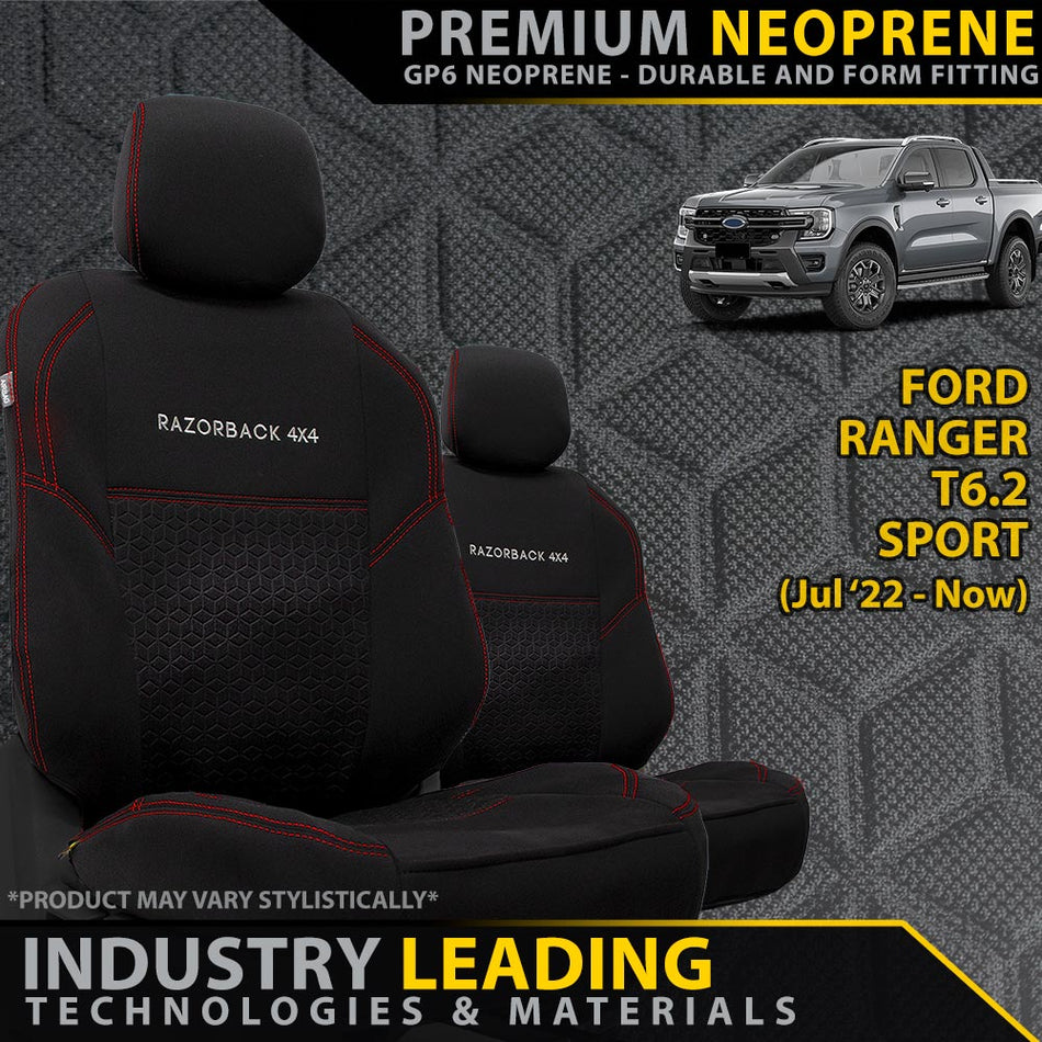 Ford Ranger T6.2 Sport Premium Neoprene 2x Front Row Seat Covers (Made to Order)