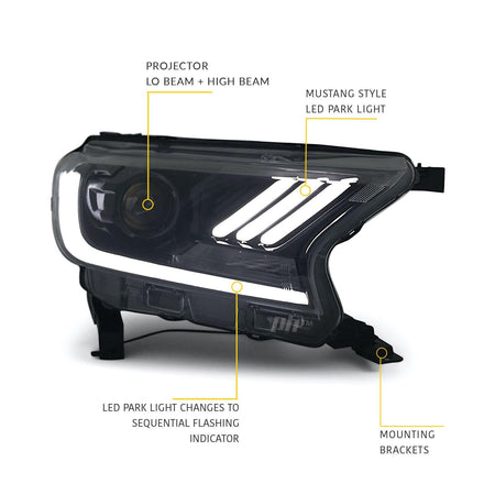 Headlights Black PAIR LED Sequential Indicator fits Ford Ranger PX MK2 MK3 Wildtrak Raptor 15-20 - 4X4OC™